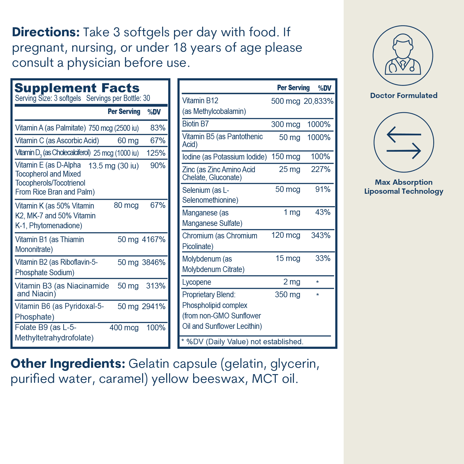 Liposomal Active B-Complex Multivitamin with Minerals Softgels – 90 Count