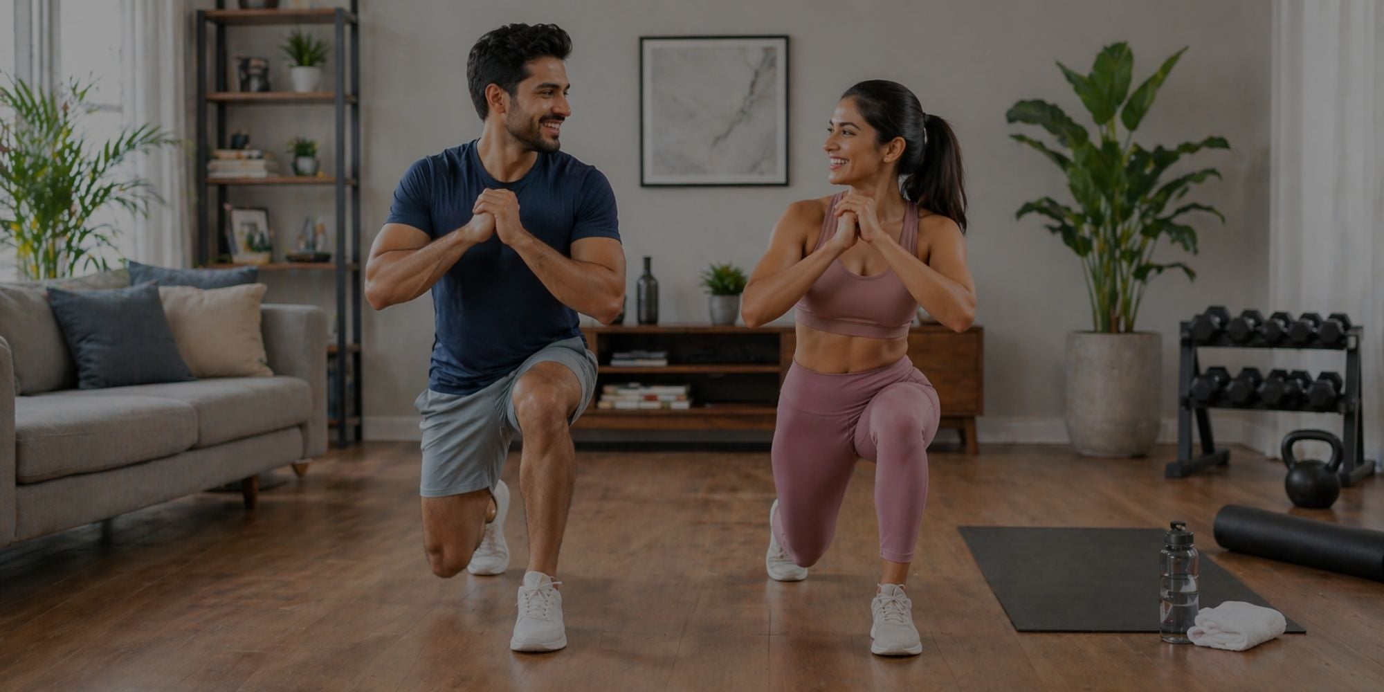 Man and woman exercising together in a living room with fitness equipment.