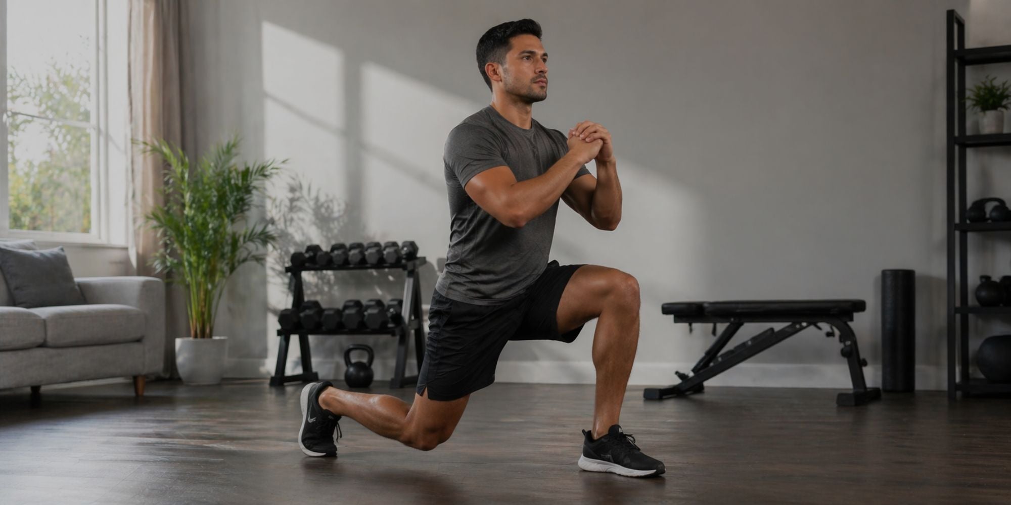 Man performing lunges in a home gym setting with fitness equipment in the background.